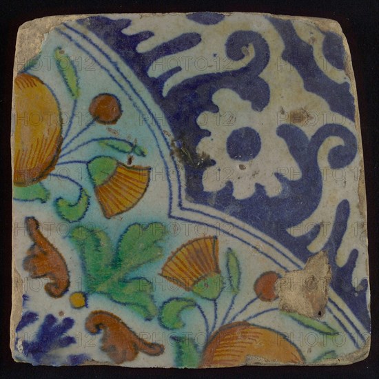 Ornament tile, quarter quadruple with orange apples, polychrome decor on white ground, wall tile tile sculpture ceramic