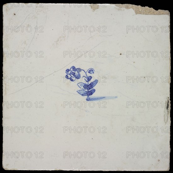 Flower tile with flowering plant, small image, blue decor on white ground, no corner filling, wall tile tile sculpture ceramic