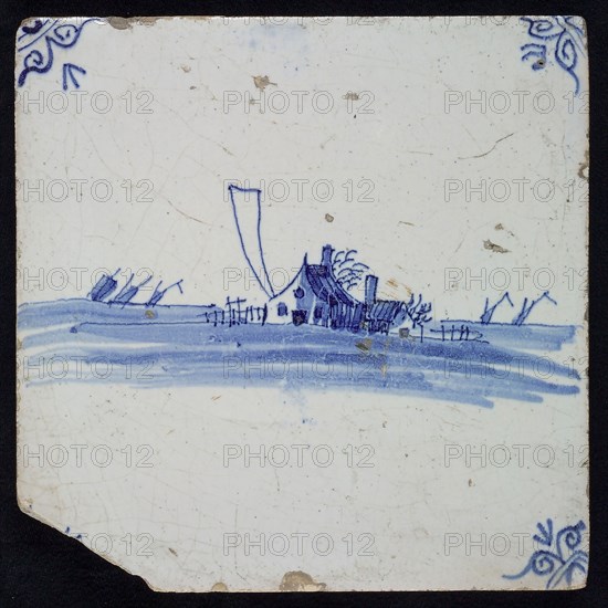 Scene tile with house, blue decor on white ground, corner fill: ox head, wall tile tile sculpture ceramic earthenware glaze tin