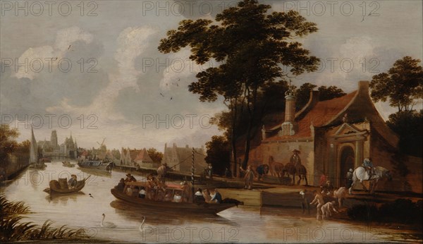 Jan Gabrielsz. Sonjé, Gate leper house with leprosy servant on the waterfront, Rotterdam, cityscape painting painting material