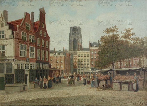 Franciscus Lodewijk van Gulik (Maastricht 1841 - Rotterdam 1899), The Grotemarkt on market day with the house In Duizend Vreezen