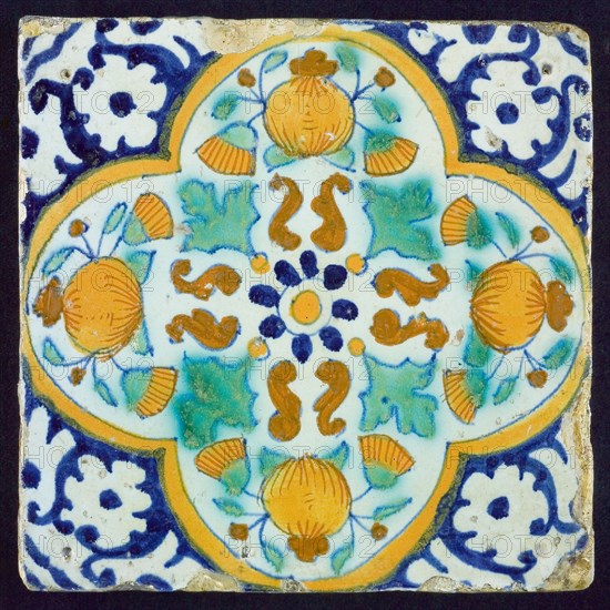 Ornament tile or pompadrain tile, corner pattern palmet, wall tile tile sculpture ceramic earthenware glaze, baked 2x glazed