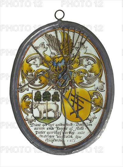 design: Elie van Rijckevorsel (?) (Rotterdam 1845 - Rotterdam 1928), Window hanger, painted glass with alliance arms Pieter G