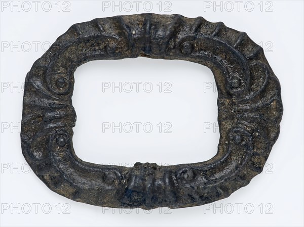 Small pewter clasp without angel, decorated frame, clasp fastener component soil find tin metal, Oval bracket archeology