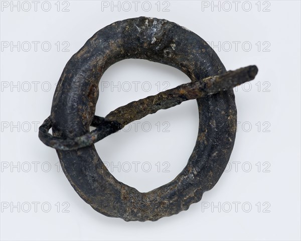 Small oval pewter ornamental buckle, clasp fastener component soil find tin metal, w 1.6 Round bracket angel. Leather fragment