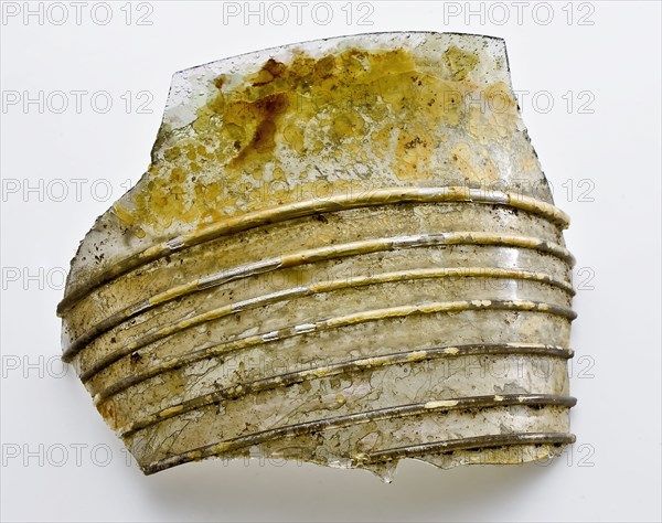 Fragments of wall and rim of bandwurmbeker, drinking cup drinking vessel holder soil find glass, hand-blown glass application