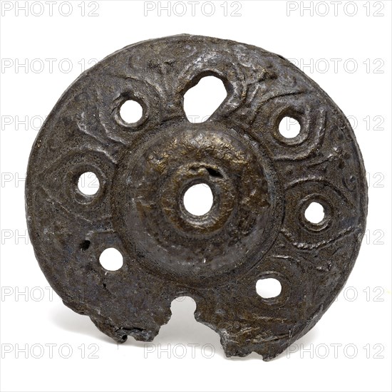 Three round objects of tin and lead, artifact soil found tin metal, casted Tin lid with holes Decorated with molded tendrils Lid