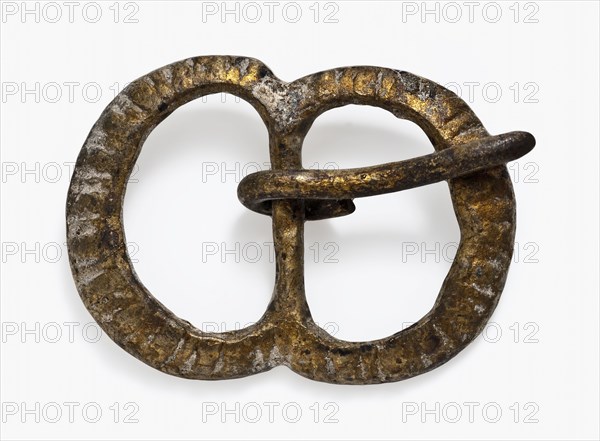 Decorated brass buckle with two oval eyes, buckle fastener component soil find copper brass metal, cast engraved Buckle