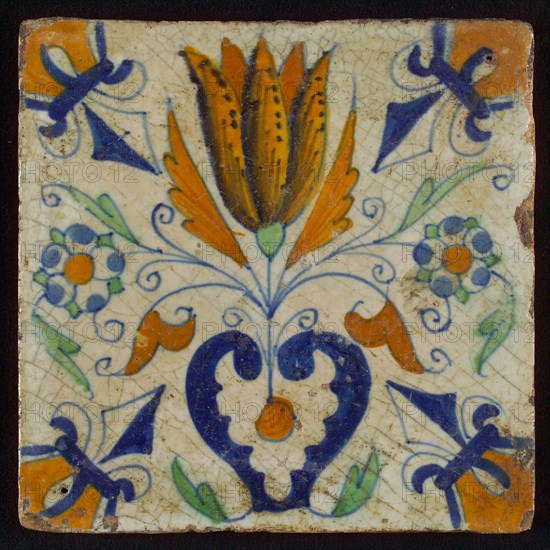 Tile, blue draft, brown, orange and green on white, centrally tulip and heart, corner motif lily, wall tile tile sculpture