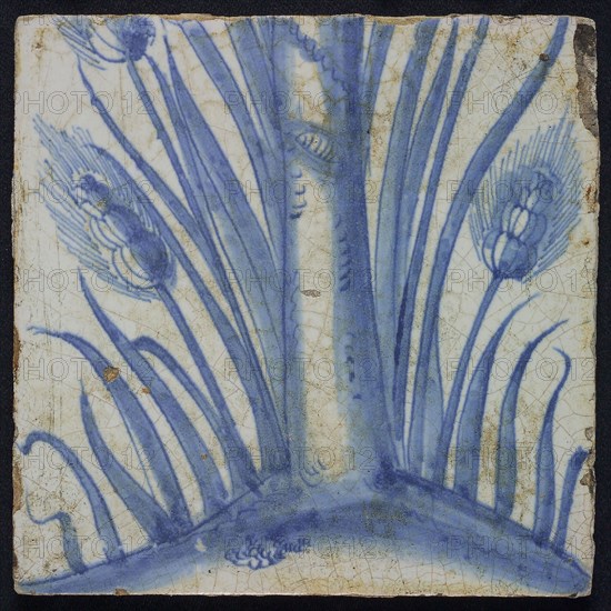 Blue tile with lower stem, ears of corn, leaf, of chimney pilaster with 13 tiles, tree of bunches of grapes with birds, grain