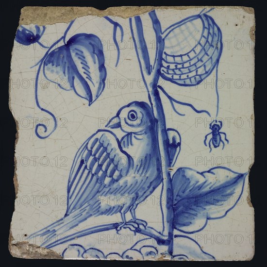 Blue tile with bird facing left on grape leaf, spider hanging from basket, grapes, from chimney pilaster with 13 tiles, tree