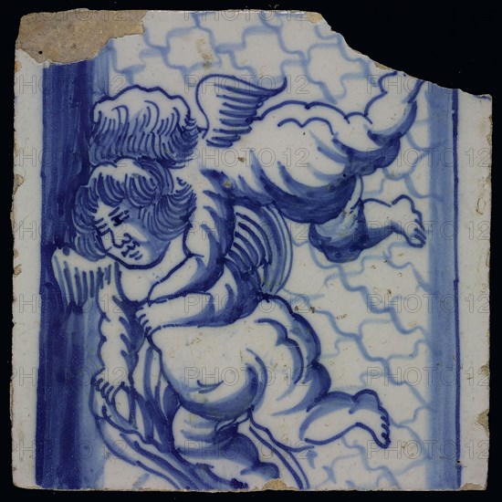 Blue tile with marbled column and basement, entwined amors, of pilaster with 13 tiles, tile pilaster image fragment earth