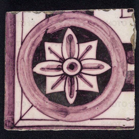 Square purple corner border tile with column halftone, stylized flower in square inside circle, border tile wall tile