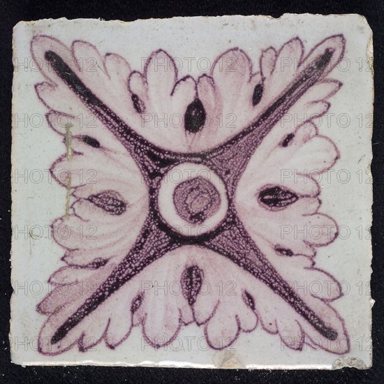 Square purple corner edge tile with central corner decor, four-pointed oblong star against leaves, edge tile wall tile