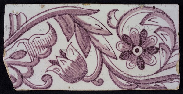 Rectangular edge tile in purple with tulip decor, with flower of ten oval petals, leaves, tulip fin, yellow pottery, edge tile