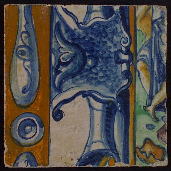 Multicolored tile (brown, blue, green, purple) with three vertical decorated trays, tile picture footage fragment ceramics