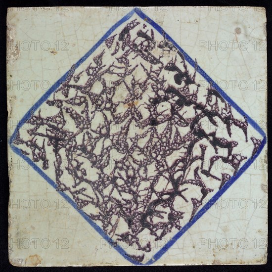 Ornament tile, central decor, purple tamponised surface infill in blue outline and white corners, wall tile tile footage soil
