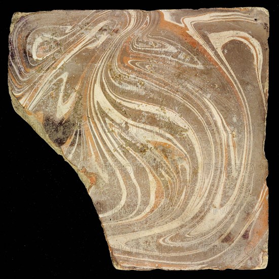 Flamed tile in garlands, brown and white stripes, red streaks, wall tile tile sculpture soil find ceramic earthenware glaze