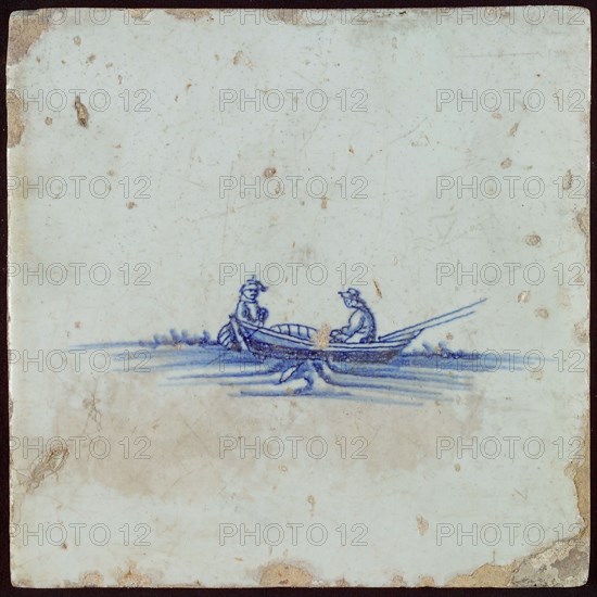 Scene tile, rowing boat with two men, wall tile tile sculpture ceramic earthenware glaze, baked 2x glazed painted Blue on white