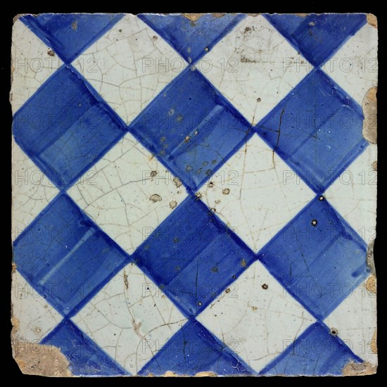 Ornament tile, checkerplate motif, small windows, floor tile tile sculpture ceramic earthenware glaze, Blue on white with dark