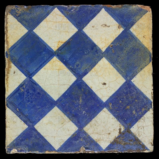 Ornament tile, checkerplate motif, small windows, floor tile tile sculpture ceramic earthenware glaze, Blue on white with dark