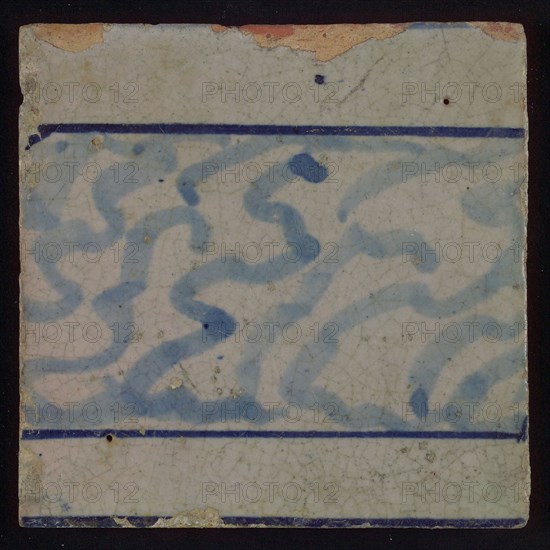 Tile with two blue horizontal lines between which light blue painting, tile picture footage fragment ceramics pottery glaze, d 1