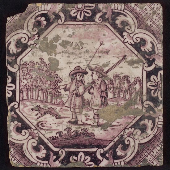 Scene tile, octagon men with sticks on their shoulders, in praise, wall tile tile sculpture ceramic earthenware glaze, baked 2x