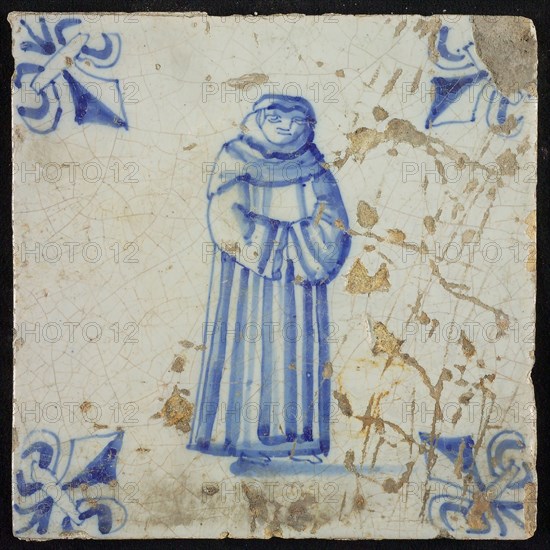 Figure tile, standing monk, corner pattern French lily, wall tile tile sculpture ceramic earthenware glaze, baked 2x glazed