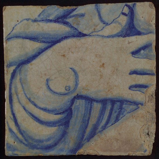 Tile with blue hand, tile picture footage fragment ceramics pottery glaze, d 1.1