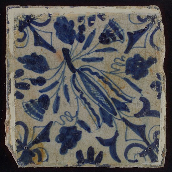 Ornament tile, diagonally placed tulip with rosette, corner pattern french lily, wall tile tile sculpture ceramic earthenware