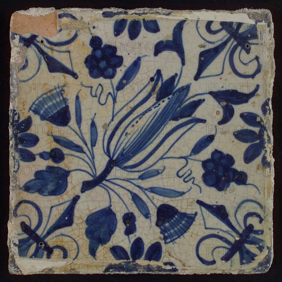 Ornament tile, diagonally placed tulip with rosette, corner pattern french lily, wall tile tile sculpture ceramic earthenware