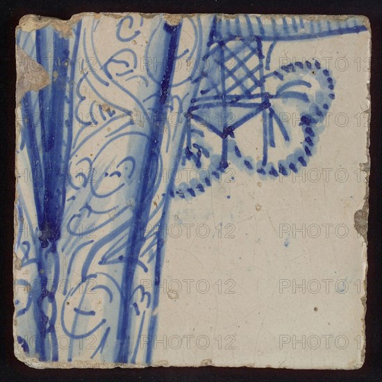 Tile with blue painting, tile pilaster footage fragment ceramic earthenware glaze, d 1.2