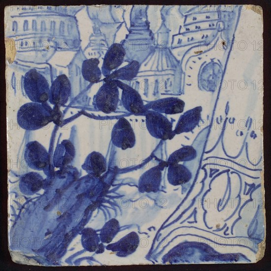 Tile with blue curtain, houses and tree stump with leaves, tile picture footage fragment ceramics pottery glaze, d 1.4