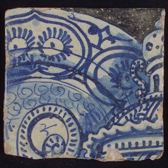 Tile with objects decorated in blue against black background, tile picture footage fragment ceramic pottery glaze, d 1.2