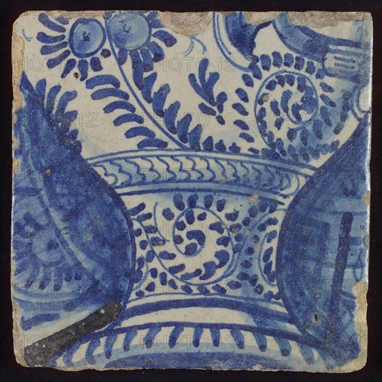 Tile with vase decorated in blue Against blue with black background, tile picture footage fragment ceramics pottery glaze, d 1.4