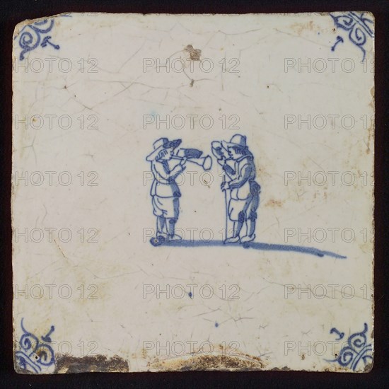 Scene tile, child's play, trumpet and horn playing, corner motif ox's head, wall tile tile sculpture ceramic earthenware enamel