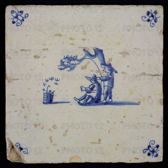 Scene tile, double child's play, catching birds, corner pattern spider, wall tile tile material ceramics earthenware glaze