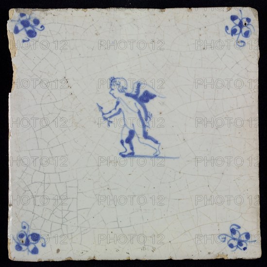 White tile with blue cupid with arrow; corner motif spider, wall tile tile sculpture ceramic earthenware glaze, baked 2x glazed