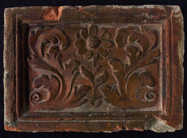 Hearthstone, Luiks, from Luik, Liege Belgium, with wide frame, with floral motifs, hearth fireplace component ceramics brick