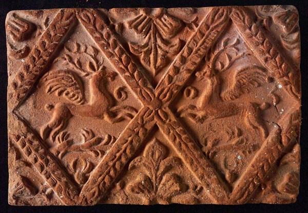 Hearthstone, from Antwerp Belgium, without frame, with winged deer in the window, fireplace stone part ceramics brick, baked