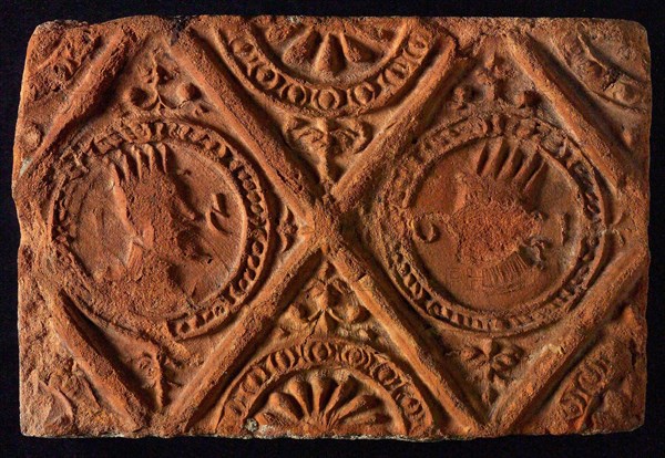 Hearthstone, from Antwerp Belgium, without frame, with crowned men and woman's head, hearth fireplace component ceramics brick