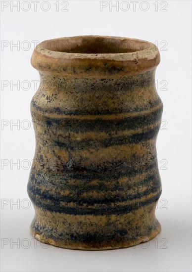 Small majolica albarello on stand with banded pattern, albarello holder soil find ceramic earthenware glaze lead glaze tinglaze