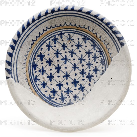 Majolica dish with grid or checkerplate motif in blue and orange, dish plate board plate earth discovery ceramic earthenware