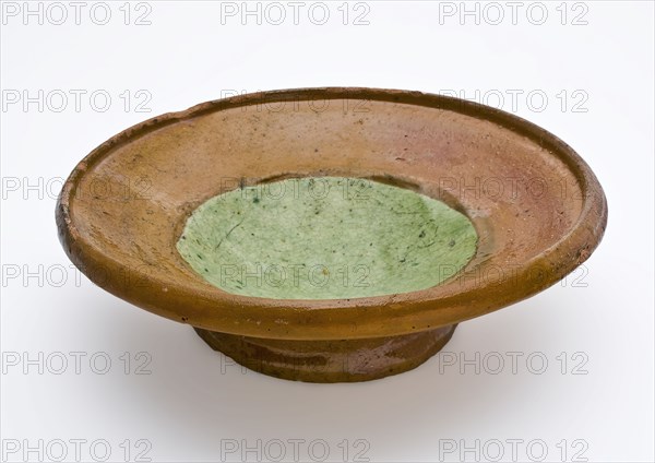 Earthenware dish on stand, green and brown glazed, dish plate tableware holder soil find ceramic earthenware glaze lead glaze