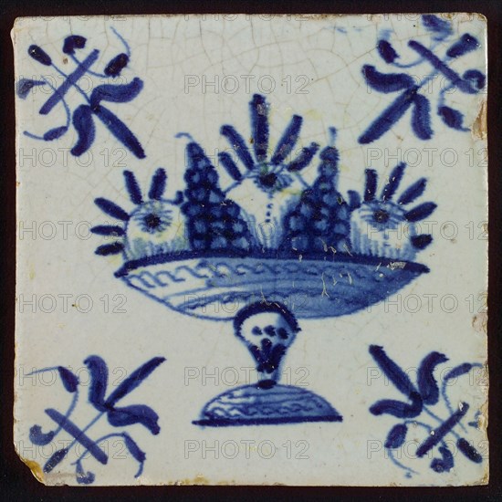 Tile with blue fruit bowl, corner pattern lily, wall tile tile sculpture ceramics pottery glaze, baked 2x glazed painted Four
