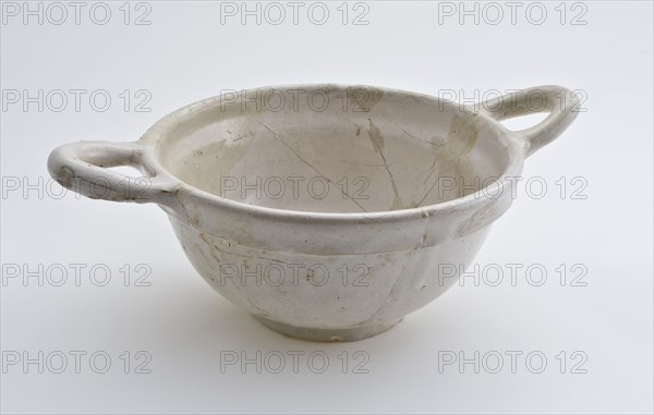 White faience dish with two lying ears, papkom bowl crockery holder earth discovery ceramics earthenware glaze tinglaze, hand