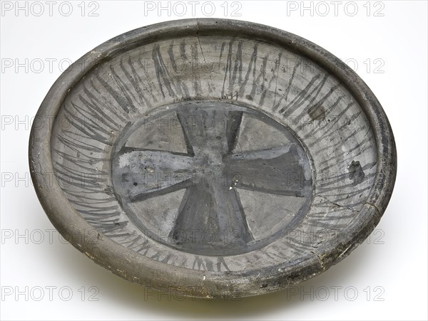 Earthenware bowl on stand surface, gray shard, stripe and cross decor in dark gray, dish crockery holder soil find ceramic