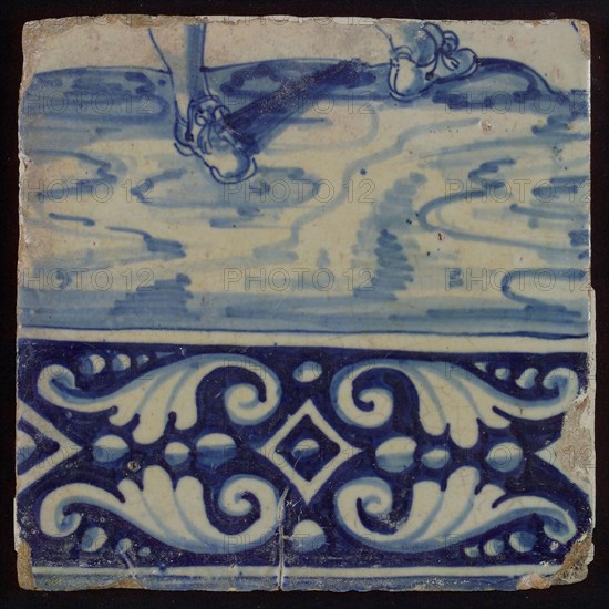 Tile of tableau with in blue feet and decorated border, tile picture footage fragment ceramics pottery glaze, baked 2x glazed