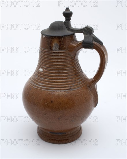 Small stoneware jug with tin lid, rings around the neck, jug crockery holder soil find ceramic stoneware glaze salt glaze tin