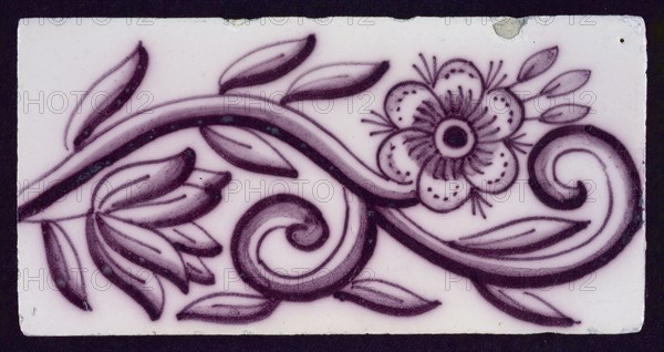 Verwijk, Van Traa, Border tile, purple on white, curly leaf branch with flowers, edge tile wall tile tile sculpture ceramic
